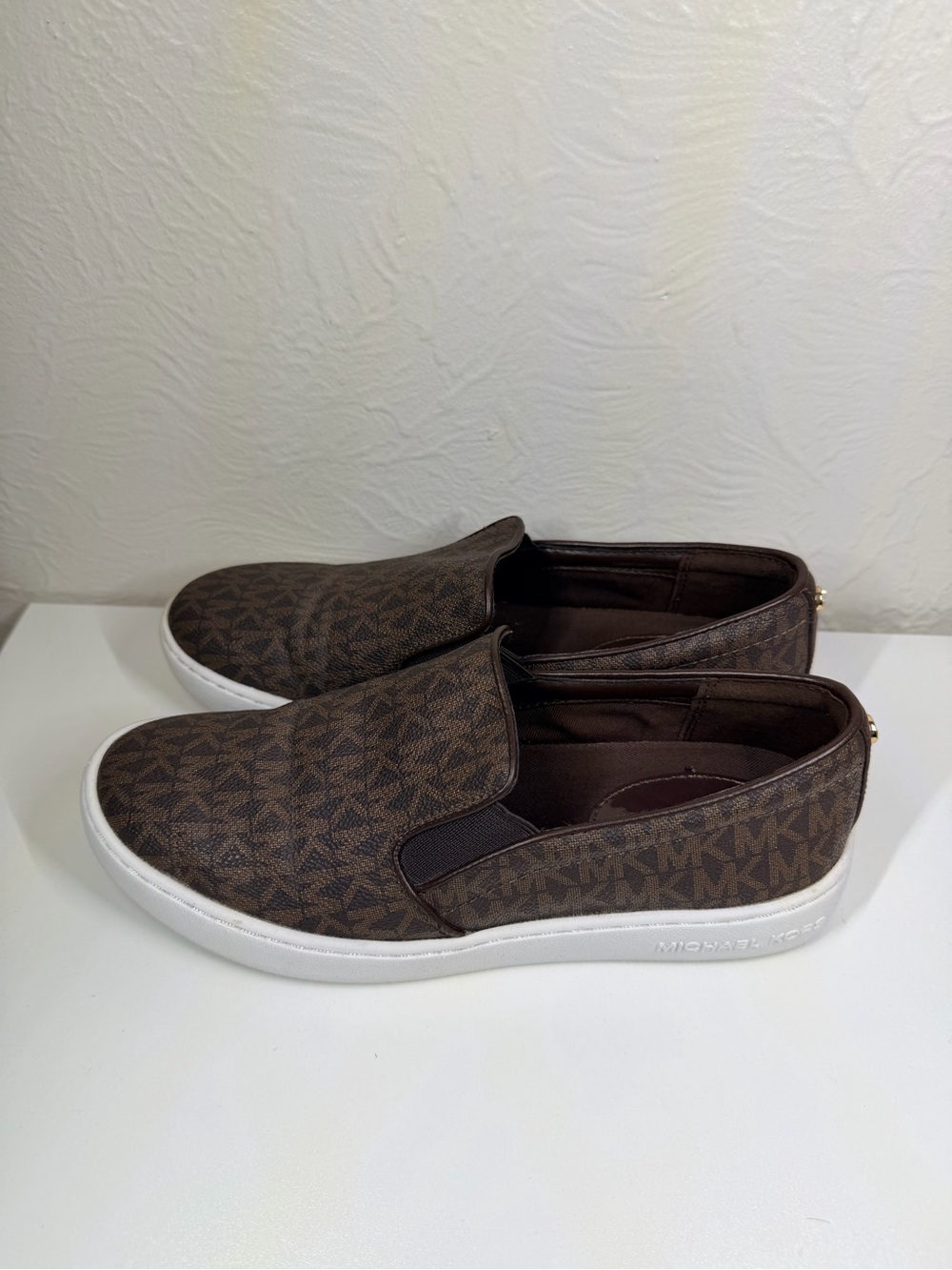 Michael Kors Brown Signature Logo Slip-On Sneakers with White Sole